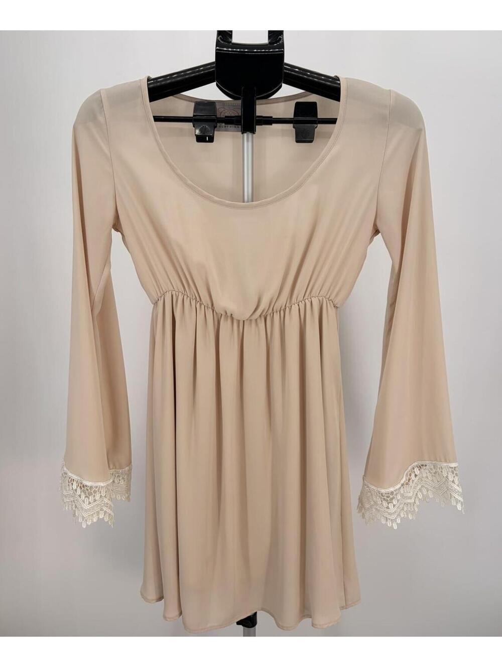 Vintage Beige Empire Waist‎ Dress Long Sleeve Lace Trim Small